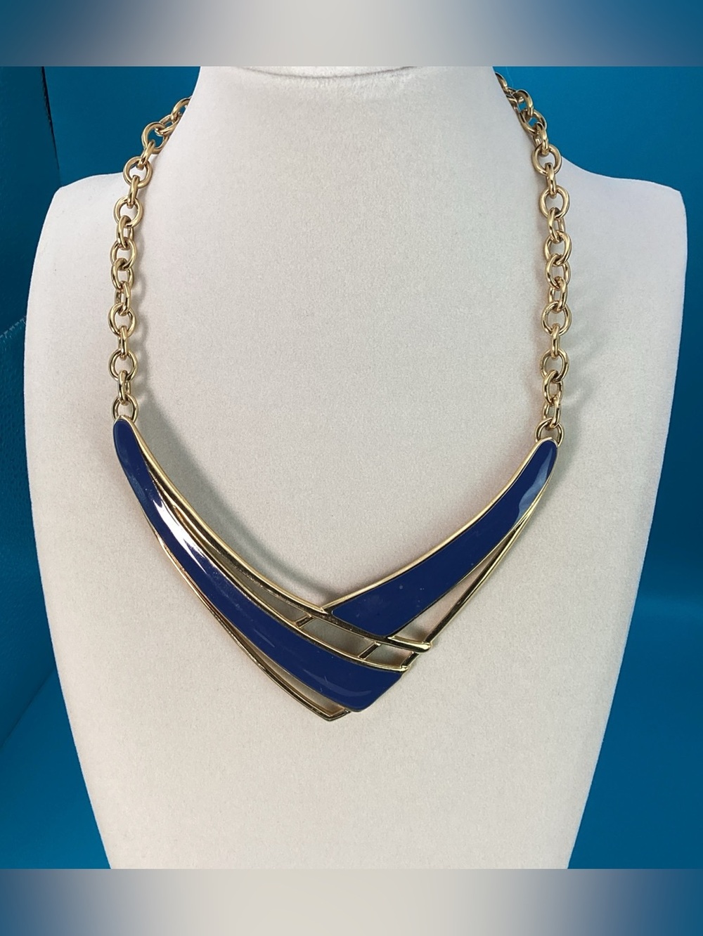 Vintage Monet Collar Necklace 1980s Modernist Blue Enamel Gold Tone Chevron